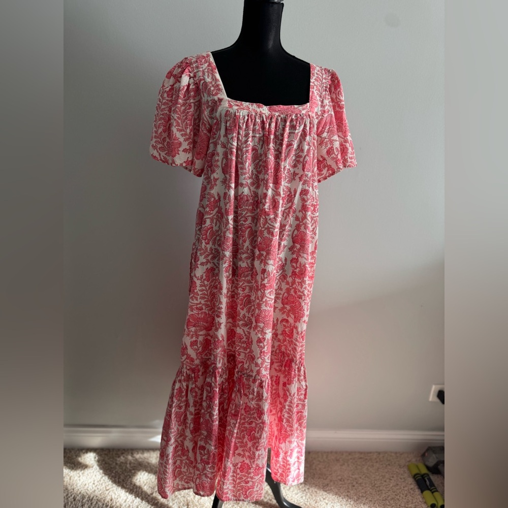Ophelia & Indigo Women’s Floral Pink White Relaxed Fit  Midi Dress L